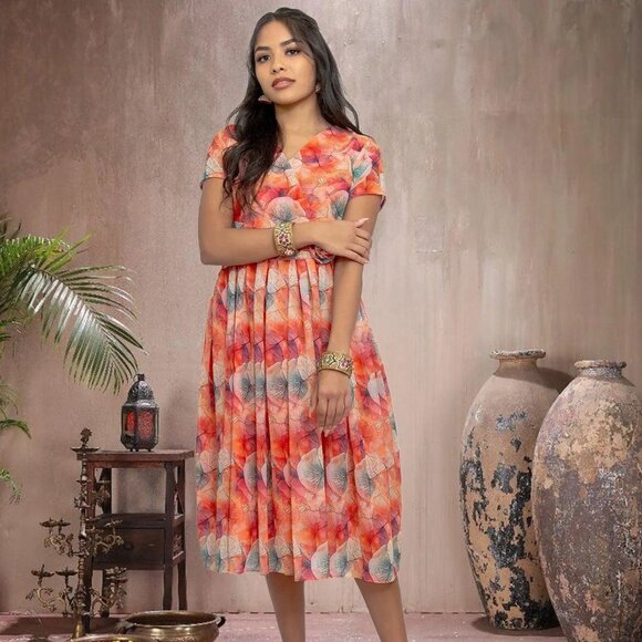 Red Printed Dress with Bow | Harmony Hues | Muvvas Boutique - Picture 2 of 5